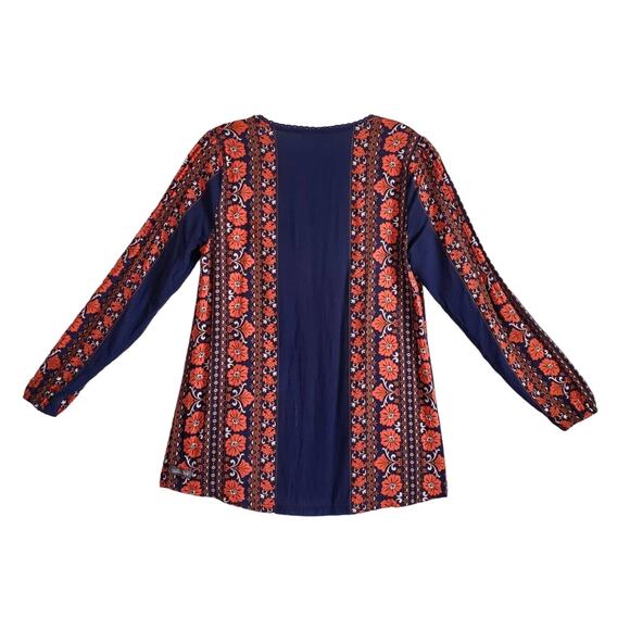 MATILDA JANE Women's S Top Navy Blue Orange Lace Pleated Crochet Neck Trim 34" - Picture 7 of 7